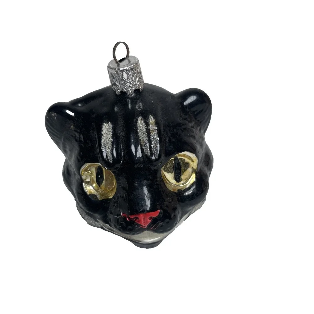 Vintage Black Grinning CAT Blown Glass Ornament West Germany Old World Halloween